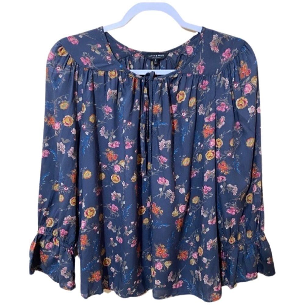 Lucky Brand Boho Blue Gray Floral Peasant Top